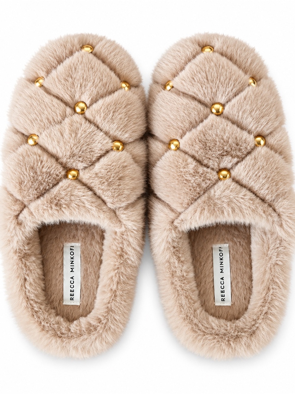 Rebecca Minkoff Quilted Faux-Fur Slippers with Gold Studs - Taupe